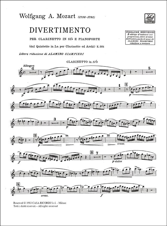 Quintetto In La Kv 581 Per Clarinetto - klarinet a klavír